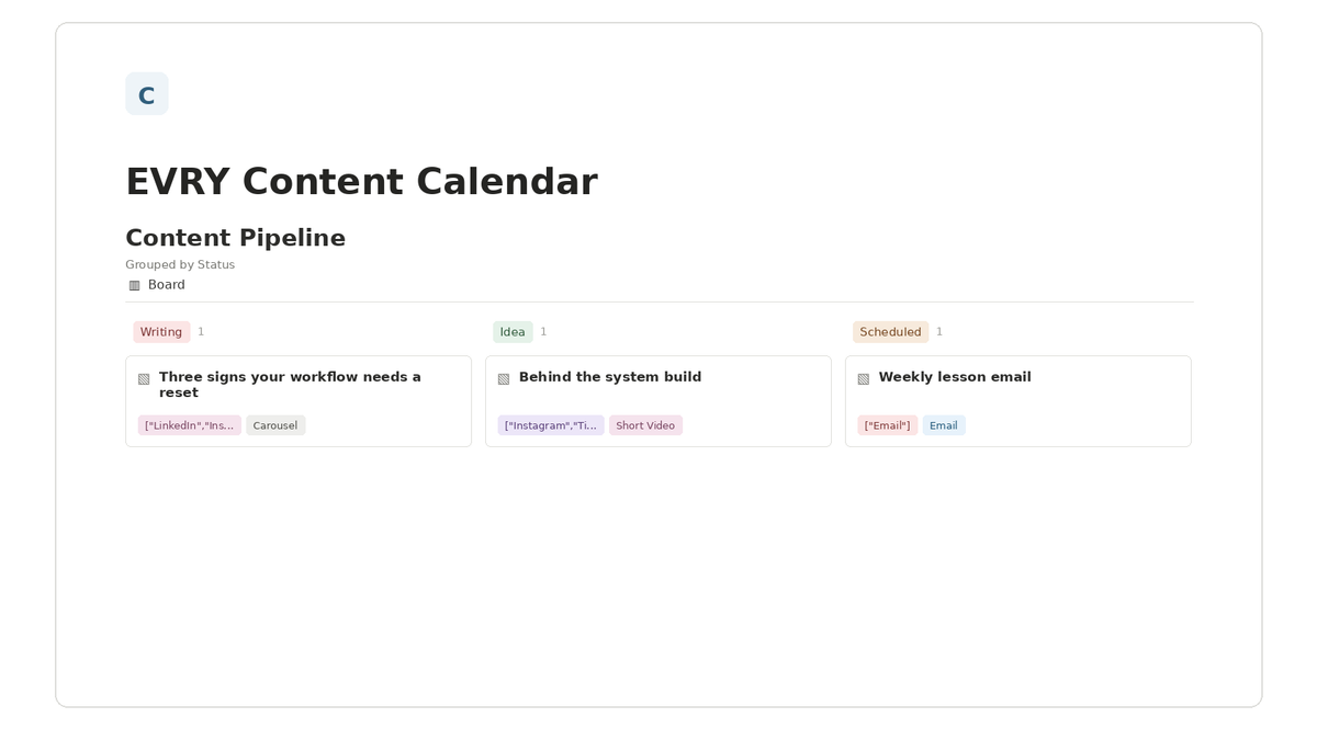EVRY Content Calendar — Content Pipeline Notion template preview