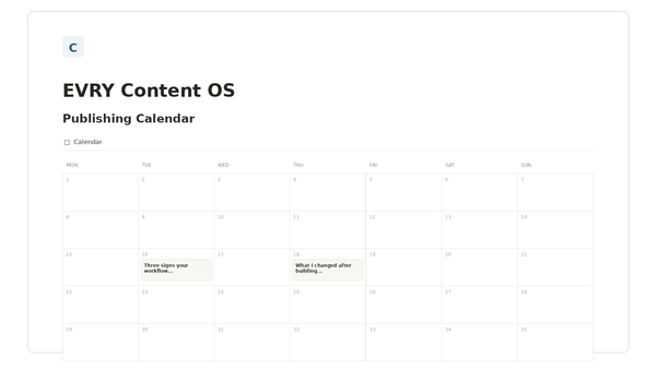 EVRY Content OS — Publishing Calendar Notion template preview