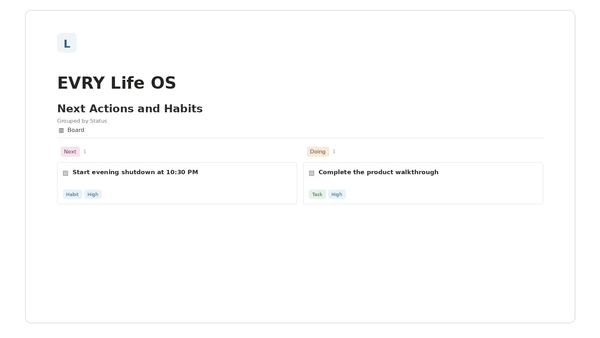 EVRY Life OS — Next Actions and Habits Notion template preview