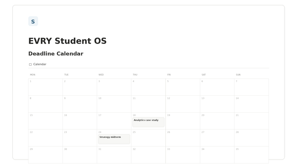 EVRY Student OS — Deadline Calendar Notion template preview