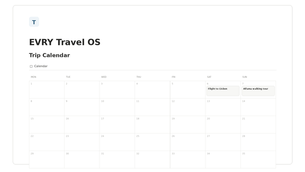 EVRY Travel OS — Trip Calendar Notion template preview