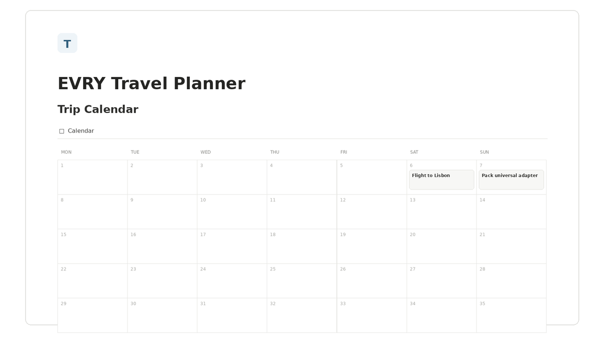 EVRY Travel Planner — Trip Calendar Notion template preview
